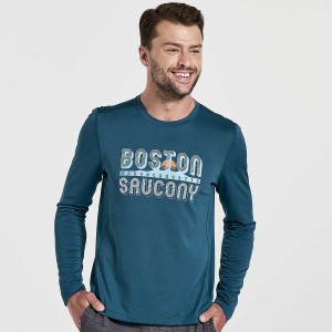 Men's Saucony Stopwatch Graphic Long Sleeve T Shirts Blue | Australia S41326-R78