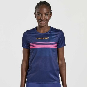 Women's Saucony Elite Short Sleeve T Shirts Navy | Australia S91803-N60