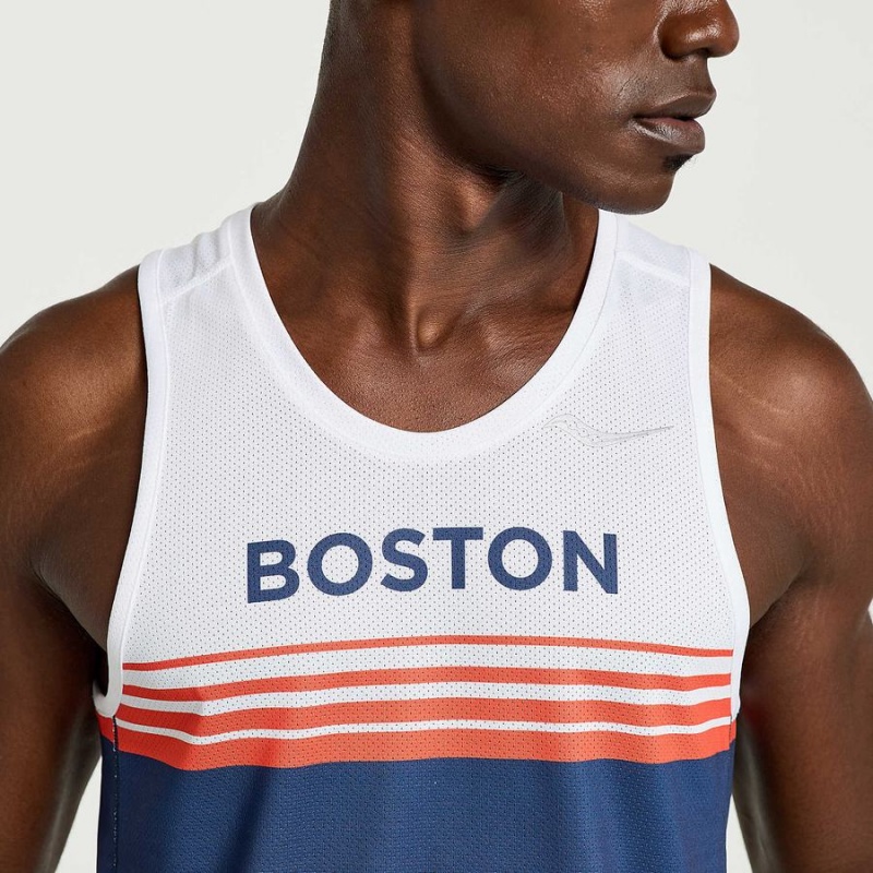 Men's Saucony Boston Stopwatch Singlet Tank Top Blue / White | Australia S32850-D87