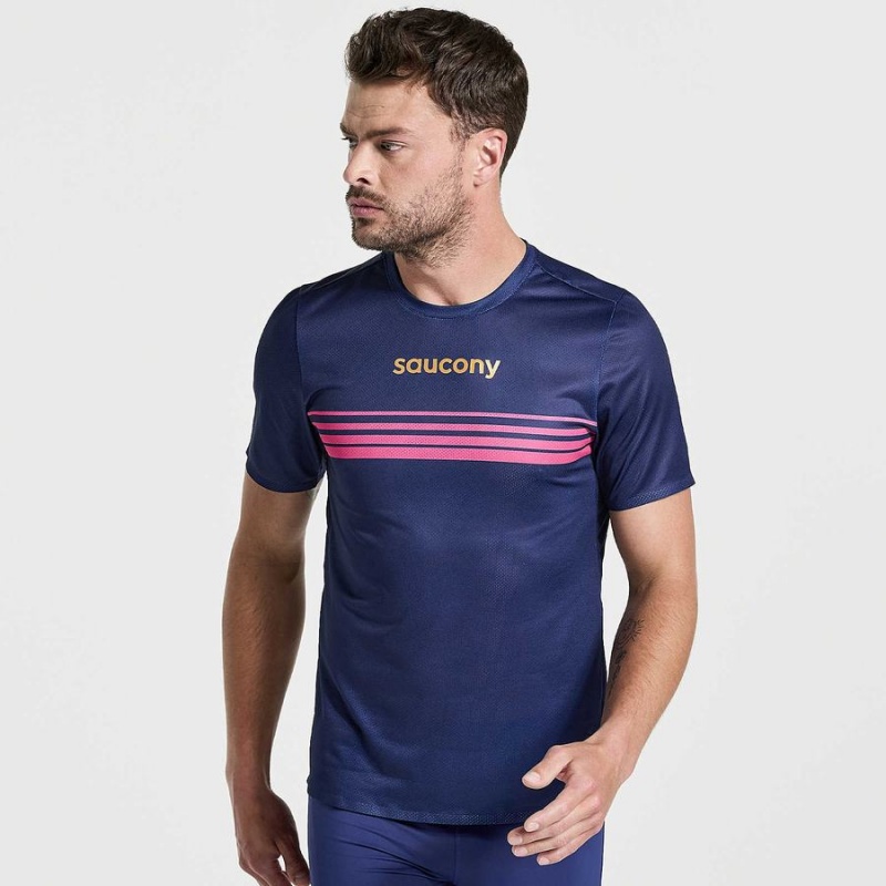 Men\'s Saucony Elite Short Sleeve T Shirts Navy | Australia S63702-H82