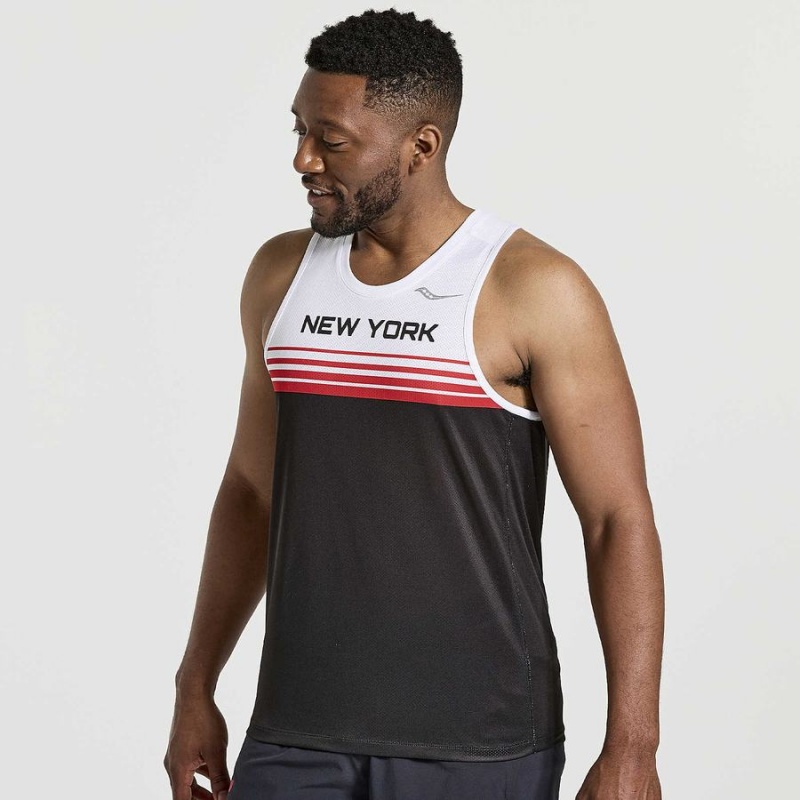 Men\'s Saucony NYC Stopwatch Singlet Tank Top White / Black | Australia S15642-D75