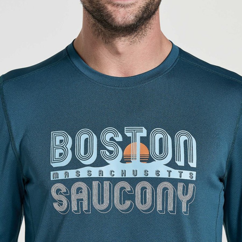 Men's Saucony Stopwatch Graphic Long Sleeve T Shirts Blue | Australia S41326-R78