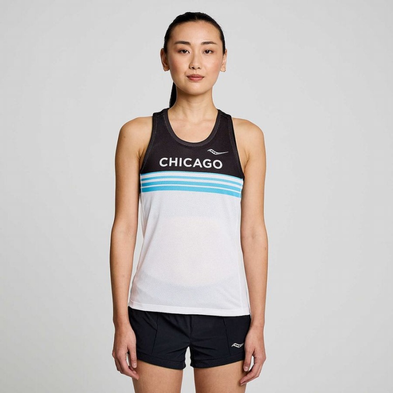 Women\'s Saucony Chicago Stopwatch Singlet Tank Top White / Black | Australia S32971-C96